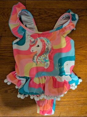 Betsey Johnson Girls' Rainbow Unicorn Sequin One-Piece Swimsuit